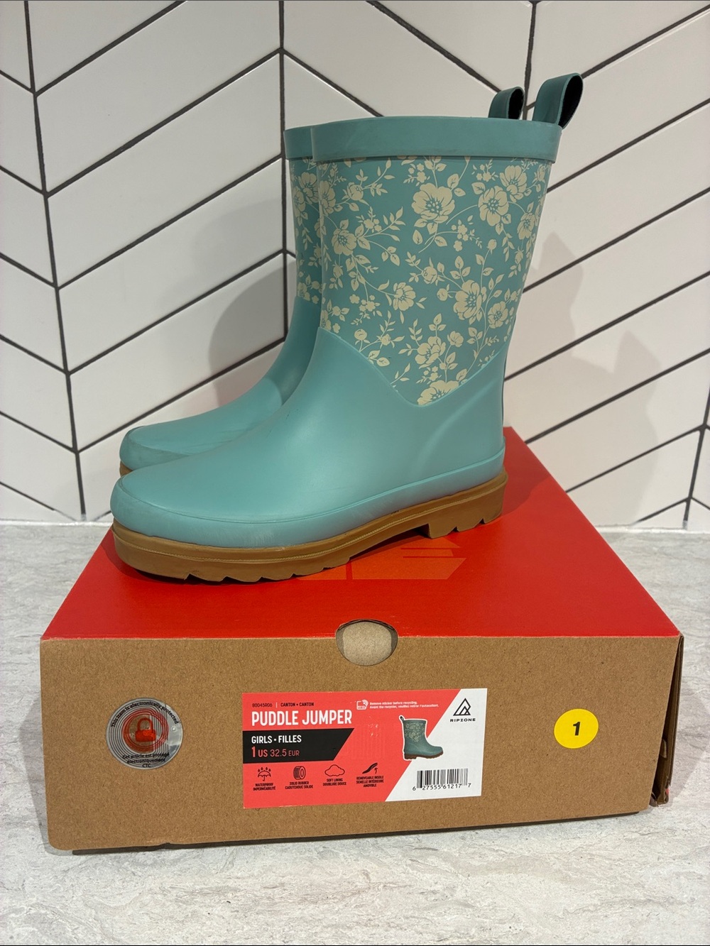 Ripzone (1) Puddle Jumper Girls Teal Floral Rain Boots